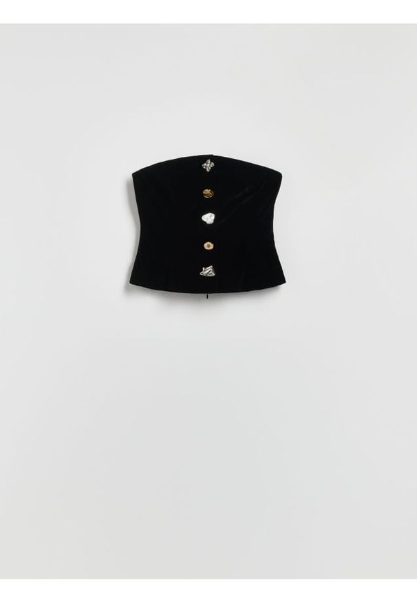 Reserved - Gorsetowy top - czarny. Typ kołnierza: dekolt gorset. Kolor: czarny. Materiał: tkanina. Wzór: gładki