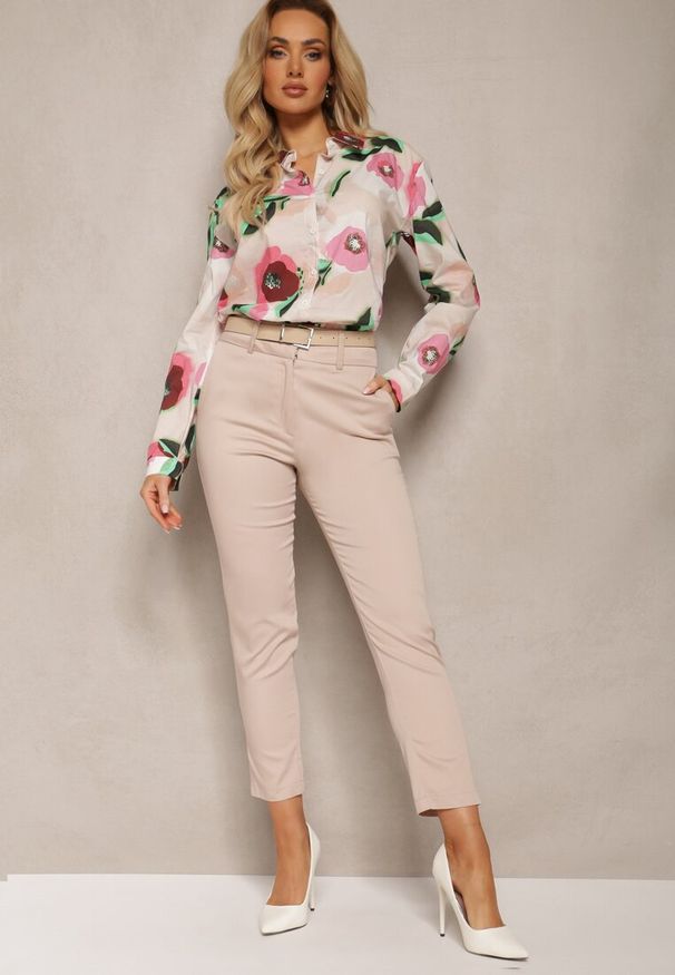 Renee - Beżowe Spodnie o Fasonie Cygaretek High Waist Orangia. Okazja: na spotkanie biznesowe, do pracy. Stan: podwyższony. Kolor: beżowy. Styl: biznesowy, klasyczny, elegancki