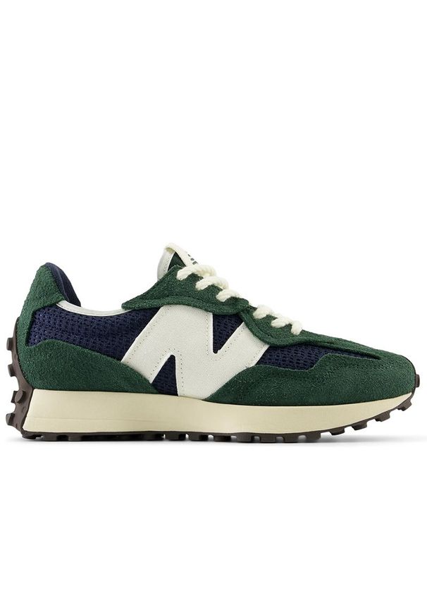 Buty New Balance U327WVD - zielone. Okazja: na co dzień. Zapięcie: sznurówki. Kolor: zielony. Materiał: guma, skóra, materiał, zamsz, prążkowany. Szerokość cholewki: normalna