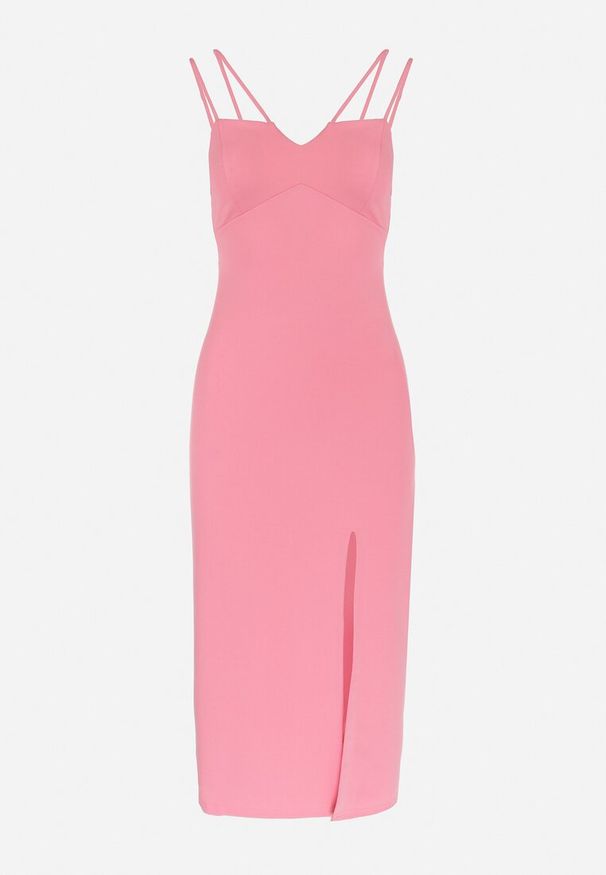 Born2be - Różowa Sukienka na Ramiączkach z Rozcięciem Sophiya. Kolor: różowy. Materiał: tkanina. Długość rękawa: na ramiączkach. Wzór: aplikacja, gładki. Długość: midi