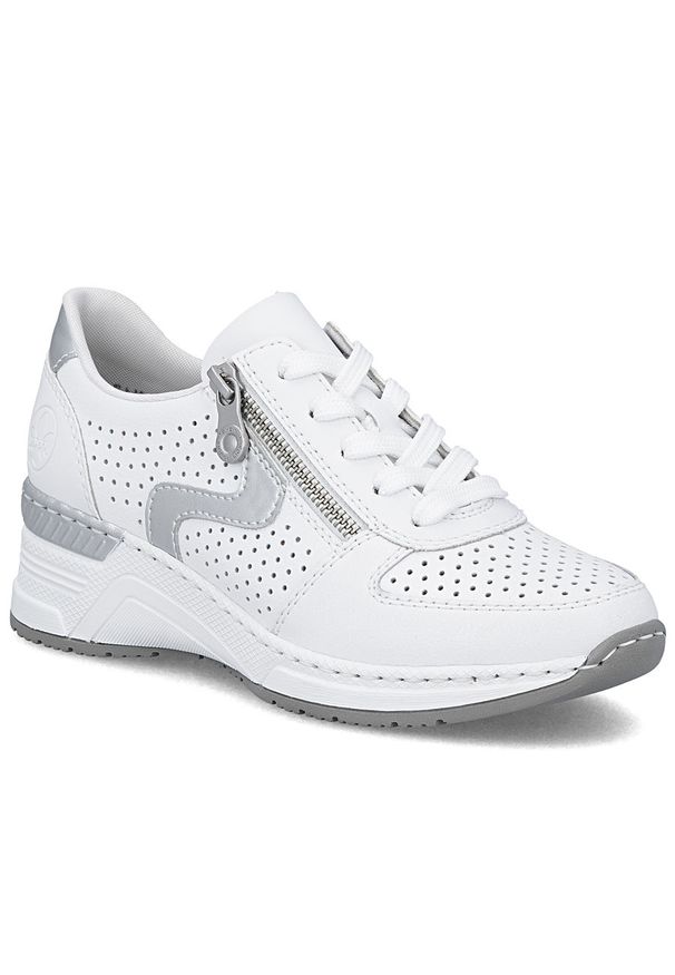 Skórzane sneakersy damskie na koturnie białe Rieker N4340-80. Kolor: biały. Materiał: skóra. Obcas: na koturnie