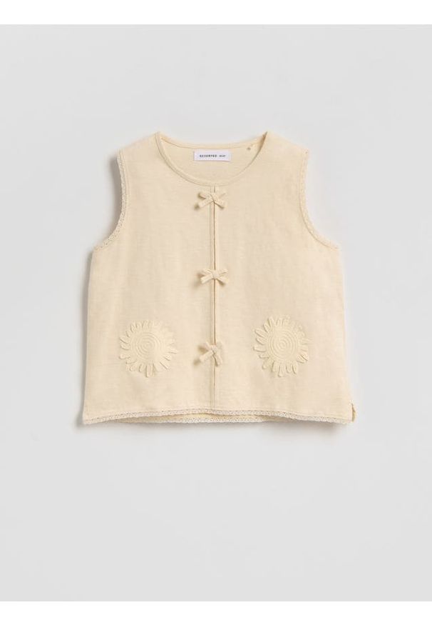 Reserved - Bluzka z haftem - beżowy. Kolor: beżowy. Materiał: bawełna. Długość rękawa: bez rękawów. Wzór: haft