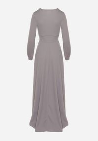 Born2be - Szara Rozkloszowana Sukienka Koktajlowa z Bufiastymi Rękawami i Rozcięciem na Nogę Erqellia. Okazja: na imprezę. Typ kołnierza: dekolt w serek. Kolor: szary. Styl: wizytowy #7