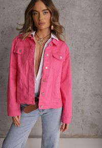 Renee - Fuksjowa Jeansowa Kurtka z Bawełny Perilopei. Okazja: na co dzień. Kolekcja: plus size. Kolor: różowy. Materiał: bawełna, jeans. Styl: casual #5