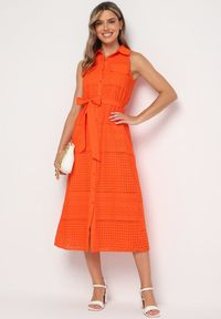 Born2be - Pomarańczowa Bawełniana Sukienka Ażurowa o Koszulowym Kroju z Materiałowym Paskiem w Talii Vikiiana. Kolor: pomarańczowy. Materiał: bawełna, materiał. Wzór: ażurowy. Typ sukienki: koszulowe. Styl: wizytowy, elegancki #2