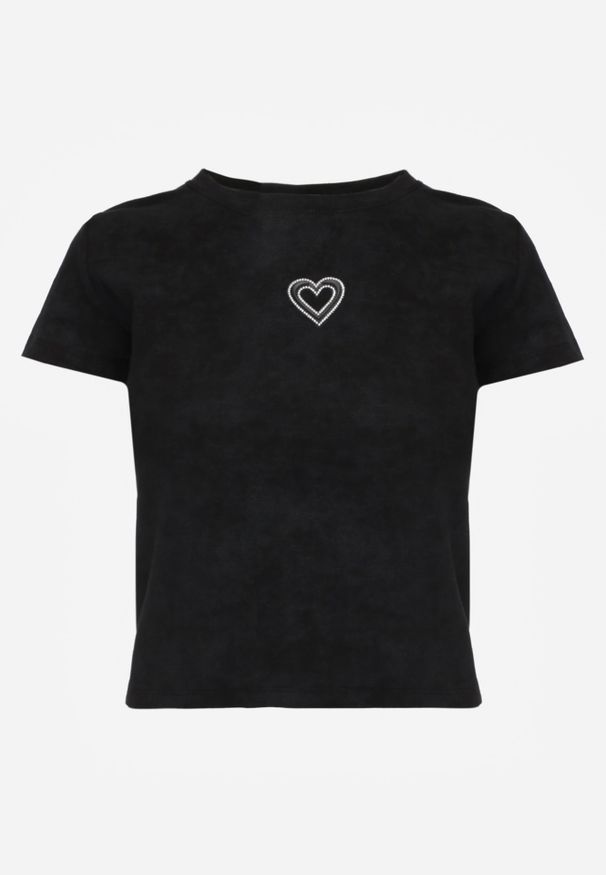 Renee - Czarny T-shirt z Bawełny Ozdobiony Sercem z Cyrkonii Amythera. Okazja: na co dzień. Kolor: czarny. Materiał: bawełna. Wzór: aplikacja. Styl: elegancki, sportowy, casual