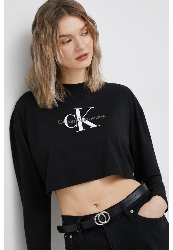 Calvin Klein Jeans longsleeve bawełniany kolor czarny. Kolor: czarny. Materiał: bawełna. Długość rękawa: długi rękaw. Wzór: nadruk