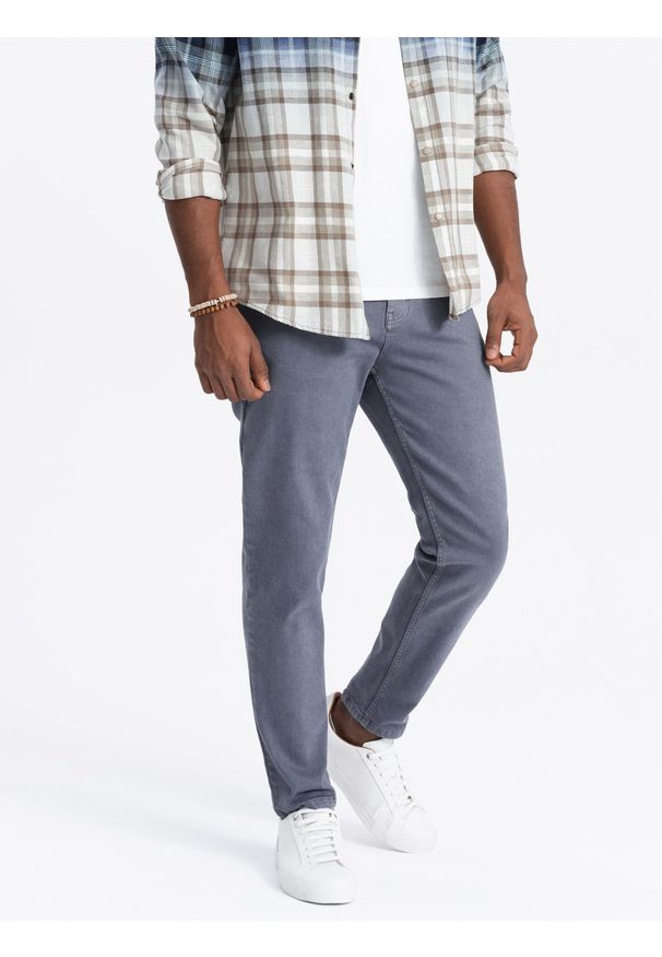 Ombre Clothing - Spodnie męskie jeansowe bez przetarć SLIM FIT - granatowe V4 - Rozmiar: XXL. Okazja: na co dzień. Kolor: niebieski. Materiał: jeans. Wzór: gładki. Styl: elegancki, sportowy, casual