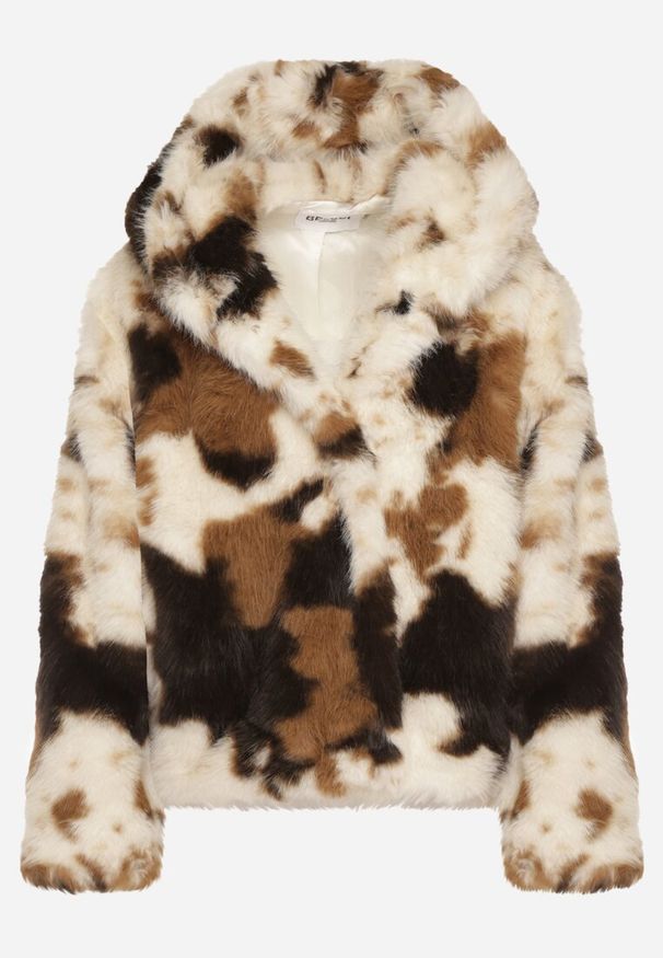 Born2be - Brązowo-Beżowa Kurtka Futerko o Dwurzędowym Kroju Oversize Nevisa. Okazja: na co dzień. Kolor: beżowy. Materiał: futro. Styl: casual, elegancki