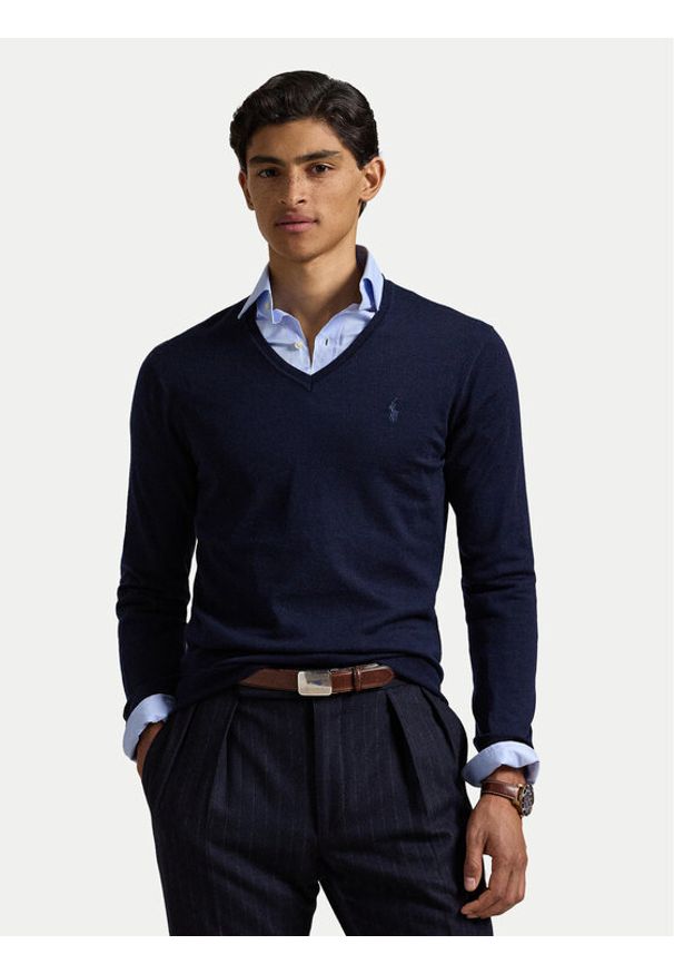 Polo Ralph Lauren Sweter 710946142001 Granatowy Slim Fit. Typ kołnierza: polo. Kolor: niebieski. Materiał: wełna