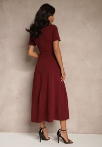 Renee - Bordowa Sukienka o Rozkloszowanym Kroju z Ozdobnym Paskiem Desiliena. Okazja: na co dzień. Kolor: czerwony. Materiał: denim. Styl: elegancki, casual #4