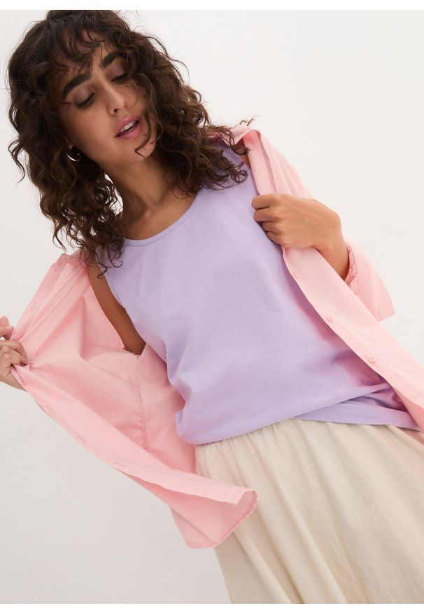 bonprix - Długi top z czystej bawełny (5 sztuk). Kolor: fioletowy. Materiał: bawełna. Długość: długie. Wzór: gładki, jednolity, melanż