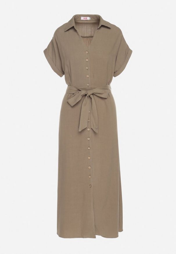 Born2be - Ciemnozielona Sukienka Koszulowa z Wiskozy i Lnu Wiązana w Talii z Kieszeniami Efrasira. Okazja: na co dzień. Kolor: zielony. Materiał: wiskoza, len. Typ sukienki: koszulowe. Styl: elegancki, casual