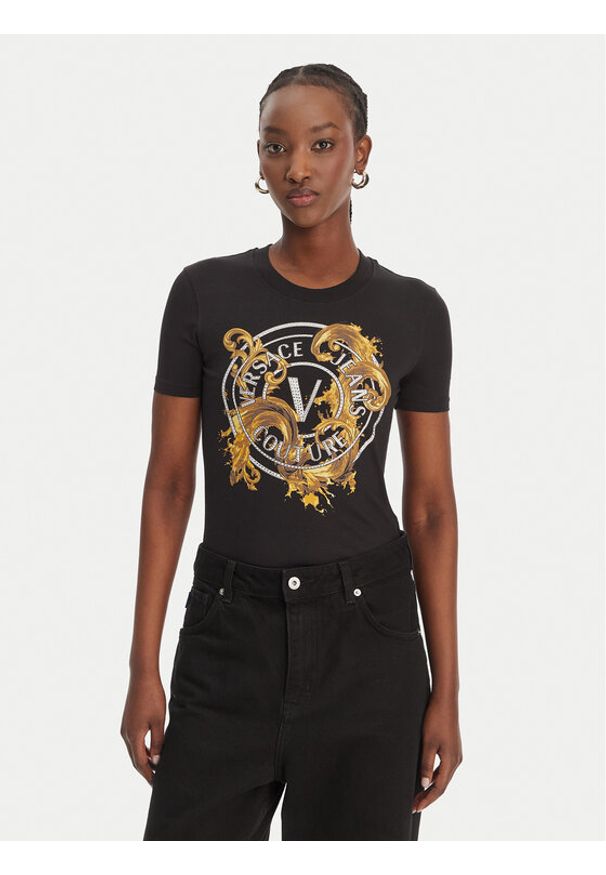 Versace Jeans Couture T-Shirt 80HAHE01 CJ02E Czarny Slim Fit. Kolor: czarny. Materiał: bawełna