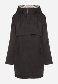 Born2be - Czarna Kurtka Parka z Podpinanymi Rękawami i Kapturem ze Wstawkami w Kratę Kaithna. Kolor: czarny. Materiał: jeans. Wzór: kratka. Styl: elegancki, klasyczny #3