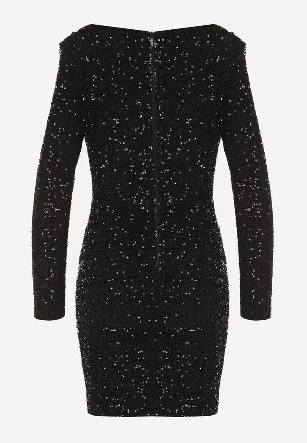 Born2be - Czarna Dopasowana Sukienka Wieczorowa z Lejącym Dekoltem i Cekinami Siwedea. Okazja: na ślub cywilny, na wesele. Kolor: czarny. Materiał: poliester. Długość rękawa: długi rękaw. Wzór: aplikacja. Styl: wizytowy