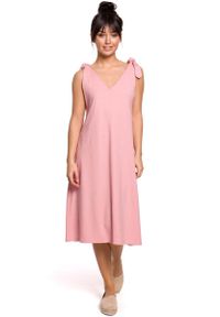 MOE - Różowa Lekka Midi Sukienka Wiązana na Ramionach. Kolor: różowy. Materiał: bawełna, elastan. Długość: midi