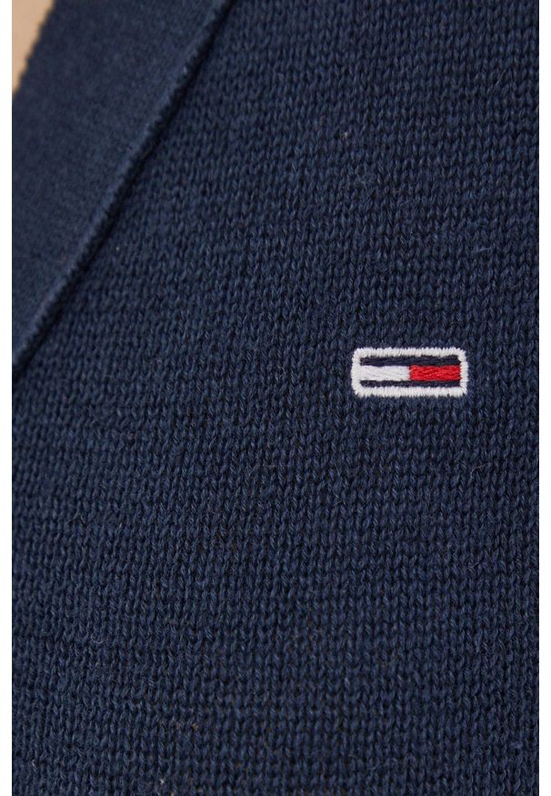 Tommy Jeans kardigan lniany damski kolor granatowy lekki. Okazja: na co dzień. Kolor: niebieski. Materiał: len. Styl: casual