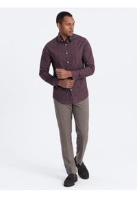 Ombre Clothing - Koszula męska bawełniana we wzory SLIM FIT - bordowa V5. Kolor: czerwony. Materiał: bawełna. Styl: klasyczny #2