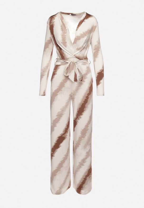 Born2be - Beżowy Kopertowy Kombinezon w Paski z Prostymi Nogawkami i Paskiem Aselle. Kolor: beżowy. Długość rękawa: długi rękaw. Długość: długie. Wzór: paski. Styl: elegancki