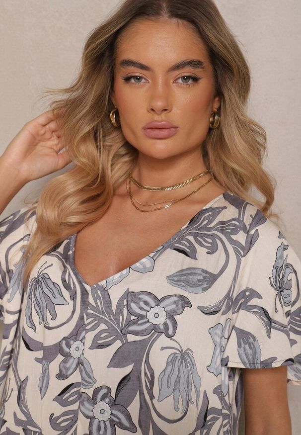 Renee - Szara Sukienka Wiskozowa o Pudełkowym Kroju w Kwiatowy Print Ranisla. Okazja: na spacer, na co dzień, na imprezę. Typ kołnierza: dekolt w kształcie V. Kolor: szary. Materiał: wiskoza. Długość rękawa: krótki rękaw. Wzór: kwiaty, nadruk. Styl: elegancki, casual