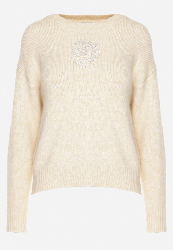 Born2be - Beżowy Sweter z Wełną Ozdobiony Haftem Ellannia. Kolor: beżowy. Materiał: wełna. Wzór: aplikacja, haft. Sezon: zima