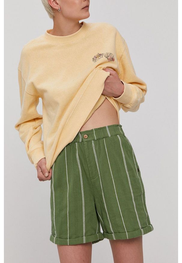 Roxy Szorty damskie kolor zielony wzorzyste high waist. Stan: podwyższony. Kolor: zielony. Materiał: tkanina