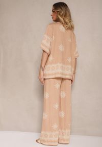 Renee - Beżowy Komplet Oversize z Bluzką i Luźnymi Spodniami w Stylu Boho Ronivara. Kolor: beżowy. Wzór: aplikacja