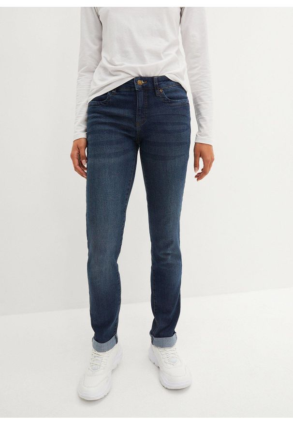 bonprix - Dżinsy ze stretchem straight, mid waist. Kolor: niebieski