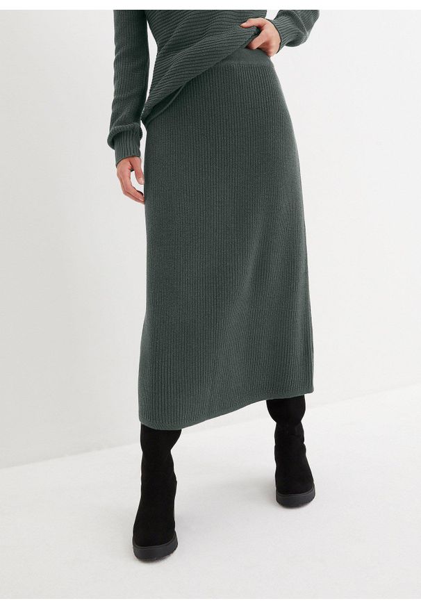 bonprix - Spódnica dzianinowa, lekko poszerzana. Kolor: zielony. Materiał: dzianina