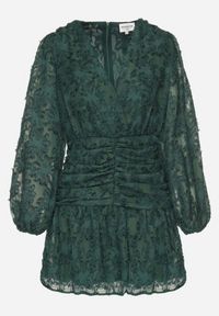 Born2be - Ciemnozielona Koronkowa Sukienka z Kopertowym Dekoltem i Marszczeniami Labisse. Okazja: na co dzień. Typ kołnierza: dekolt kopertowy. Kolor: zielony. Materiał: koronka. Typ sukienki: kopertowe. Styl: casual, klasyczny #3