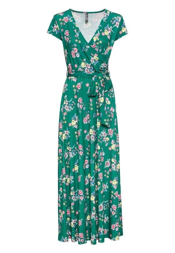 Długa sukienka z założeniem kopertowym bonprix zielony miętowy w kwiaty. Kolor: zielony. Wzór: kwiaty. Typ sukienki: kopertowe. Długość: maxi