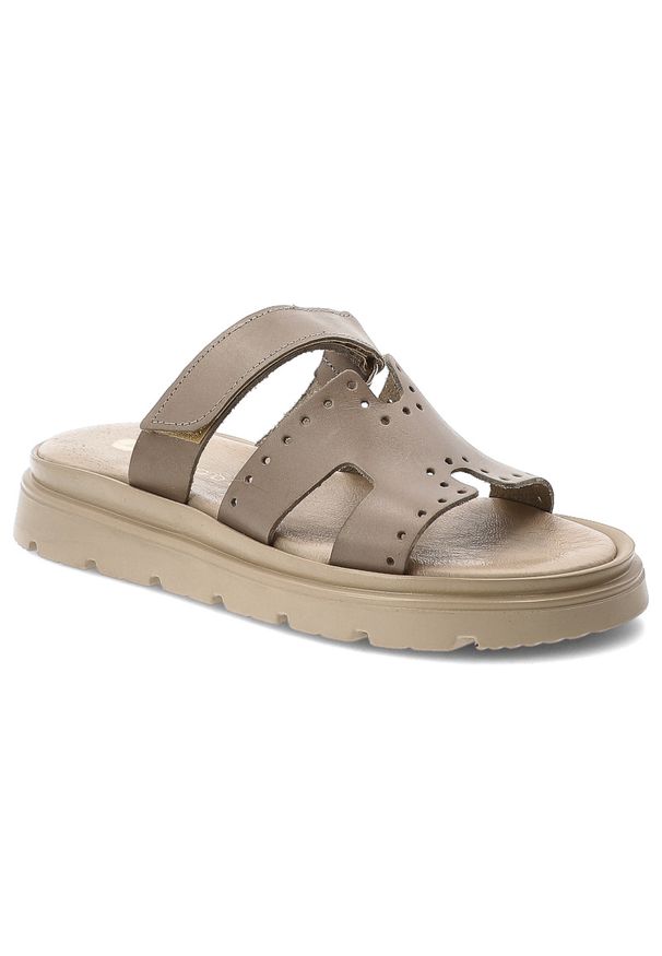 Klapki damskie Armodo, cholewka ze skóry naturalnej z ażurowymi perforacjami szeroki pasek z regulacją na rzep, beżowe, 40440. Kolor: beżowy. Materiał: skóra. Wzór: ażurowy