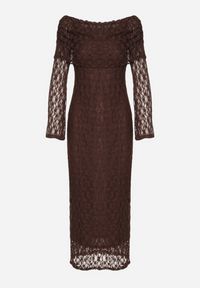 Born2be - Brązowa Koktajlowa Sukienka z Odkrytymi Ramionami z Koronki Eperrie. Kolor: brązowy. Materiał: koronka. Wzór: koronka. Typ sukienki: z odkrytymi ramionami. Styl: wizytowy. Długość: midi #5