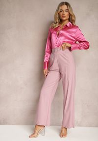 Renee - Różowe Spodnie Szerokie w Stylu Paper Bag z Materiałowym Paskiem Xennia. Kolor: różowy. Materiał: materiał #3