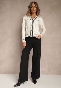 Renee - Jasnobeżowy Komplet z Dzianiny Spodnie Wide Leg i Retro Kardigan Giosila. Kolekcja: plus size. Kolor: beżowy. Materiał: dzianina
