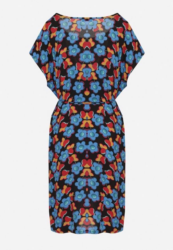 Born2be - Czarno-Niebieska Pudełkowa Sukienka z Wiskozy Wiązana Sznurkiem w Talii Tiamadine. Okazja: na co dzień, na randkę, na spotkanie biznesowe. Kolor: czarny. Materiał: wiskoza. Długość rękawa: krótki rękaw. Wzór: kwiaty. Styl: biznesowy, klasyczny, casual