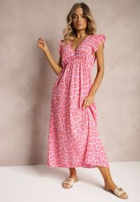 Renee - Różowa Sukienka Boho z Bawełny Ozdobiona Wiązaniem Carivia. Kolor: różowy. Materiał: bawełna. Wzór: aplikacja. Sezon: lato. Styl: boho #5