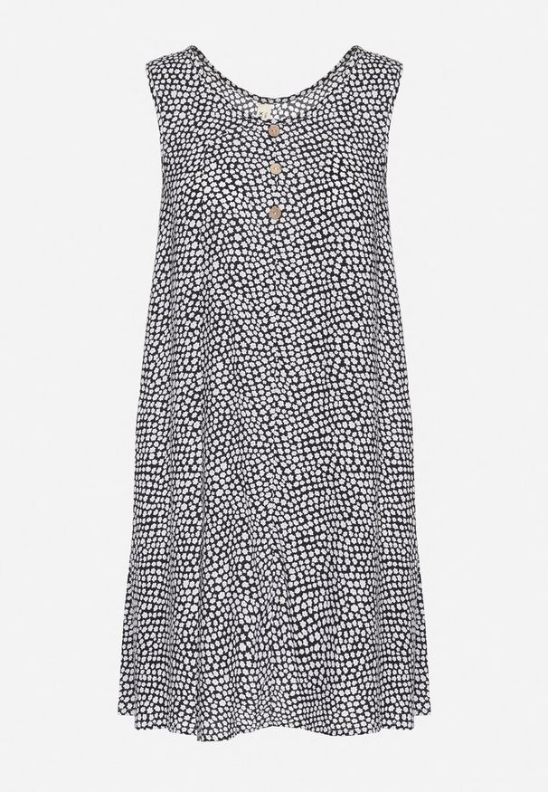 Born2be - Czarna Bawełniana Rozkloszowana Sukienka Ozdobiona Kwiatami i Guzikami Lisavella. Okazja: na co dzień, na spacer. Kolor: czarny. Materiał: bawełna. Wzór: aplikacja, kwiaty. Sezon: lato. Styl: elegancki, klasyczny, casual