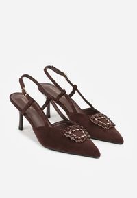 Born2be - Brązowe Sandały na Szpilce z Cyrkoniową Klamrą Elinvyra. Okazja: na co dzień. Zapięcie: klamry. Kolor: brązowy. Materiał: jeans. Obcas: na szpilce. Styl: casual #2