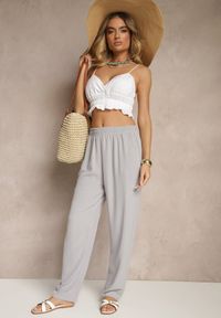 Renee - Szare Spodnie z Bawełną o Szerokim Kroju High Waist Fanelithia. Okazja: na co dzień. Stan: podwyższony. Kolor: szary. Materiał: bawełna. Styl: casual #5