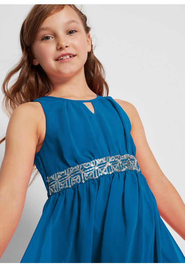 bonprix - Sukienka szyfonowa z cekinami. Typ kołnierza: dekolt w serek. Kolor: niebieski. Materiał: szyfon. Długość rękawa: bez rękawów. Typ sukienki: asymetryczne