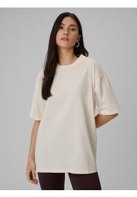 4f - 4F T-shirt loose gładki damski - beżowy S. Okazja: na co dzień. Kolor: beżowy. Materiał: bawełna, materiał. Wzór: gładki. Styl: casual #1