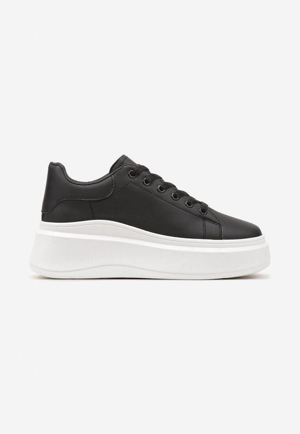 Born2be - Czarne Gładkie Sneakersy z Ekoskóry na Grubej Podeszwie ze Sznurowaniem Avara. Kolor: czarny. Wzór: gładki. Obcas: na platformie