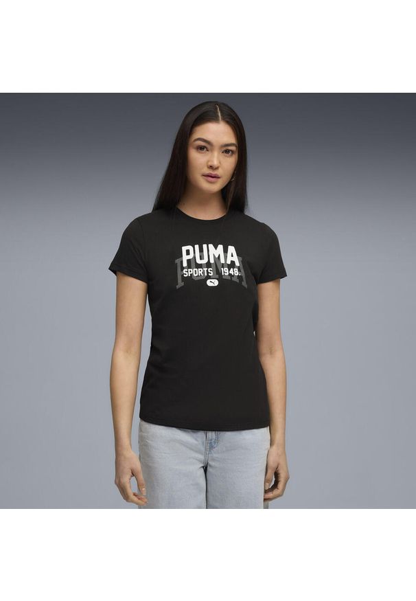Puma - Damska koszulka z grafiką w uniwersyteckim stylu PUMA Black. Kolor: czarny. Sport: fitness