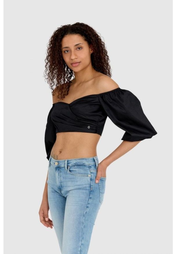 Guess - GUESS Krótka czarna bluzka damska z bufiastymi rękawami, Rozmiar L. Kolor: czarny. Materiał: bawełna. Długość: krótkie