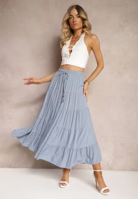 Renee - Niebieska Wiskozowa Spódnica High Waist o Rozkloszowanym Kroju z Wiązaniem i Gumką w Talii Leceviana. Okazja: na spacer. Stan: podwyższony. Kolor: niebieski. Materiał: wiskoza. Wzór: aplikacja. Sezon: lato, wiosna. Styl: elegancki