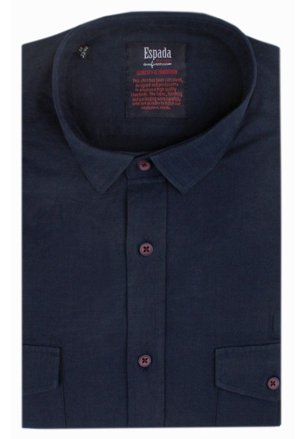 Espada - Koszula Bawełniana - ESPADA - Granatowa - Slim. Kolor: niebieski. Materiał: bawełna. Styl: wakacyjny