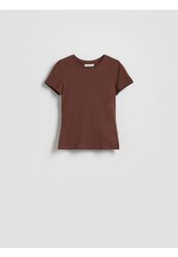 Reserved - Bawełniany t-shirt slim fit - ciemnobrązowy. Kolor: brązowy. Materiał: bawełna