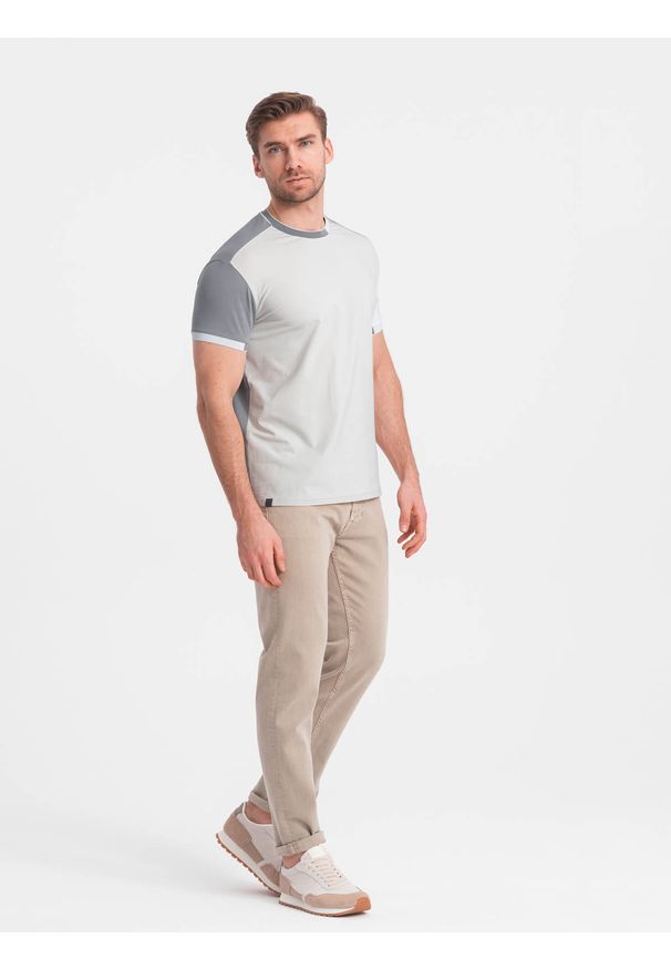 Ombre Clothing - T-shirt męski z elastanem z kolorowymi rękawami - szary V4 OM-TSCT-0176 - XL. Okazja: na co dzień. Kolor: szary. Materiał: elastan. Wzór: kolorowy. Styl: klasyczny, casual